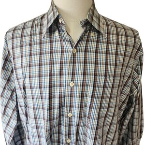 Peter Millar Men’s Button Down Shirt Tan & Blue Plaid - Large
